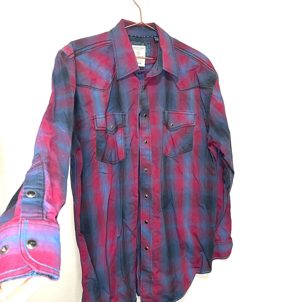 Panhandle Rough Stock Men's Cotton Western Red Blue Plaid Pearl Snap Size XL